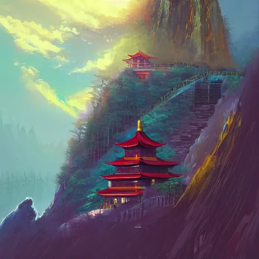 Image similar to chinese buddhist temple on the side of a mountain by anato finnstark, by alena aenami, by john harris, by ross tran, by wlop, by andreas rocha