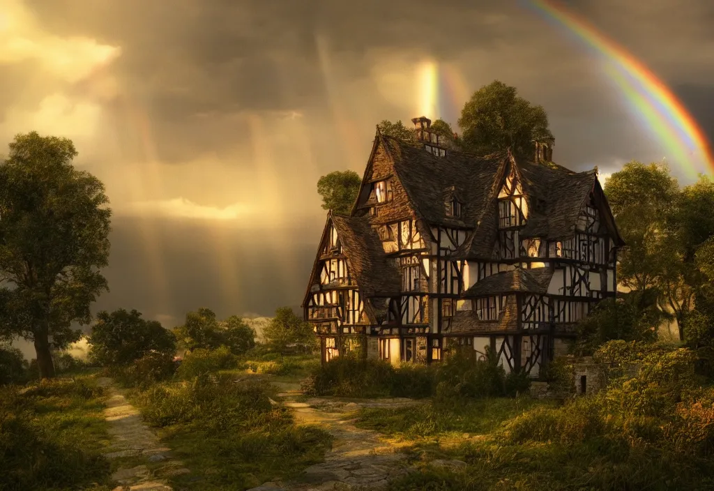 Prompt: a tudor house on a hillside, a gravel path leading towards it, well lit sky, sun shower, rainbow, cinematic view, detailed architecture, concept art, high detail, well lit, volumetric, godrays, vivid, trending on artstation,