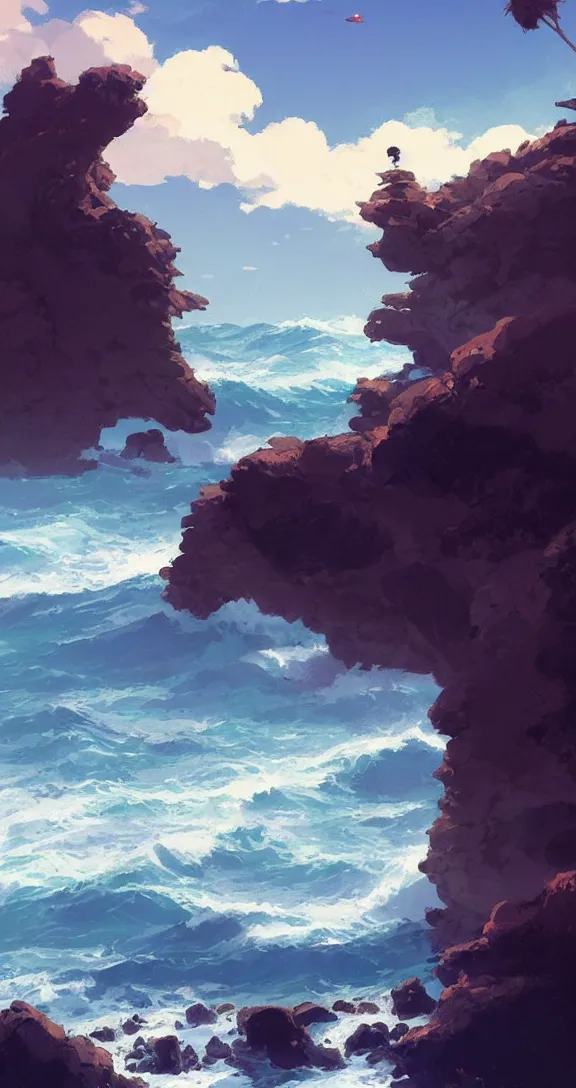 Image similar to Sitting on the rocks Looking out at the waves, lots of ocean, uncluttered, tropical, bright, simple, by Studio Ghibli and Greg Rutkowski, artstation