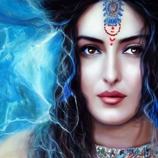 Image similar to Beautiful face Portrait of smiling young hindu Monica Bellucci, really big blue ocean color huge eyes, blue indygo thunder lightning, long wavy black hair, white veil, magic blue fire, focus face, dramatic lighting, intricate, India, wild, highly detailed, digital painting, artstation, concept art, smooth, sharp focus, illustration, art by artgerm and greg rutkowski and alphonse mucha, footage from space camera