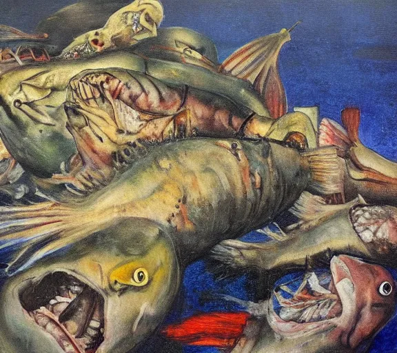 Image similar to a dead fish in the style of otto dix's der krieg, oil painting