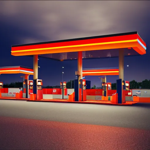 Prompt: a gas station at night, it's raining, dark, 8K, ultra photoreal, ultra detailed, hyperdetailled, volumetric lightvolumetric light, vray render, cinema 4d, unreal engine 5
