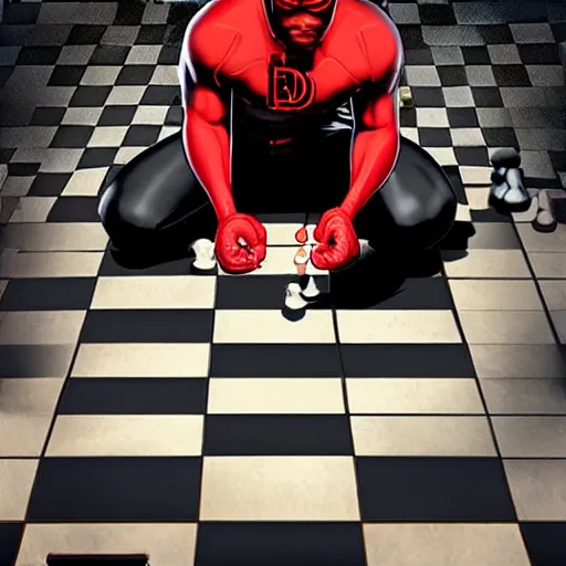 Prompt: daredevil from marvel playing chess, octane, realistic photograph