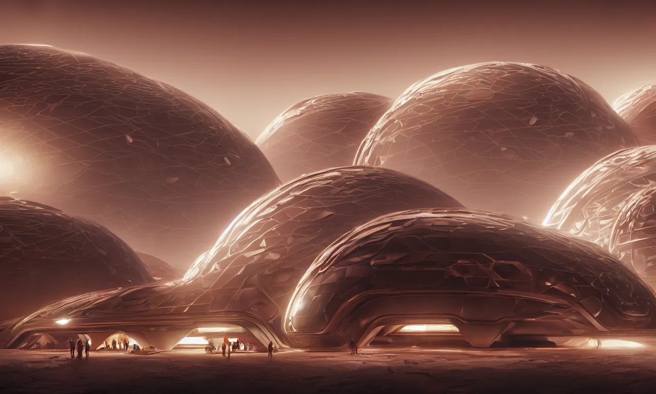 Prompt: photograph from street level of a futuristic dark neon zaha hadid and buckminster fuller city on the surface of mars, matte painting of human mind, by franz xaver winterhalter, ultra detailed, bright, pattern, octane render, 4 k