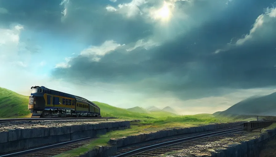 Prompt: aerodynamic train driving through valley, green hills, matte painting, artstation, sunrise, blue sky