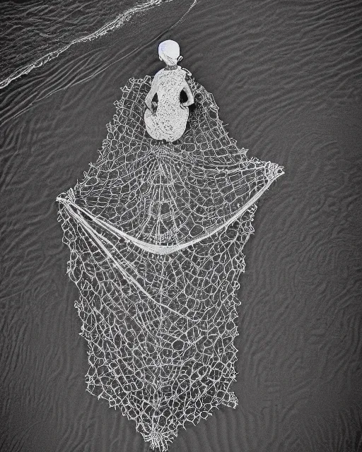 Image similar to a woman sitting on a beach, made of intricate decorative lace leaf skeleton, shot from a drone, in the style of the dutch masters and gregory crewdson, dark and moody