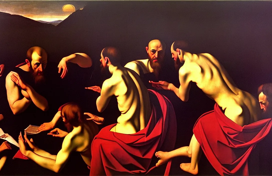 Image similar to excommunication result is a sophisticated interplay between warm, cool, light and dark colors. ( 1 9 6 2 ) directed by cinematography by kubrick reflection of the hills actually impossible jan van der heyden painting by caravaggio