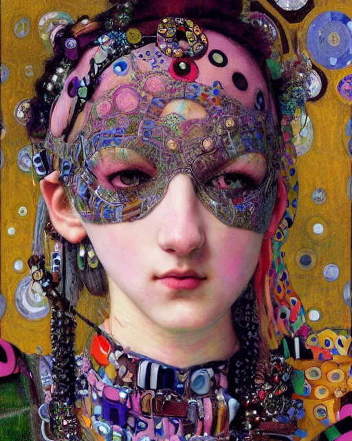 Prompt: a close up of beautiful decora cybergoth emo girl wearing a balaclava surrounded by colourful intricate patterns, by gustave klimt edgar maxence and caravaggio and michael whelan, intricate painting, hyper realistic, extremely detailed and beautiful aesthetic face, 8 k resolution