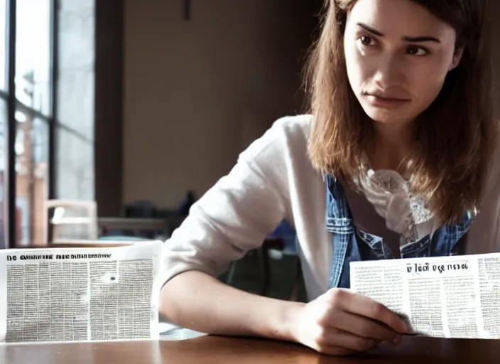 Image similar to film still. screenshot. young woman. sitting at a table. holding a newspaper. extreme close up. focused on newspaper. in public cafeteria. extremely detailed. directed by christopher nolan and denis villeneuve. 4 k.