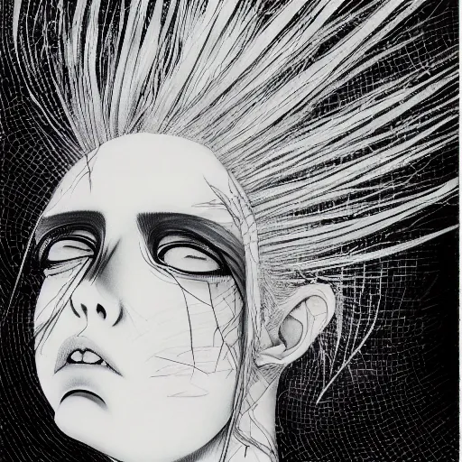 Image similar to Yoshitaka Amano realistic illustration of an anime girl with white hair and cracks on her face wearing dress suit with tie fluttering in the wind, abstract black and white patterns on the background, noisy film grain effect, highly detailed, Renaissance oil painting, weird portrait angle