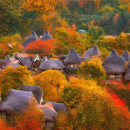 Image similar to a village full of tree houses nestled in a forest, chimneys with puffs of smoke, thatched roofs, golden hour, autumn leaves, ethereal, realistic high quality art digital art