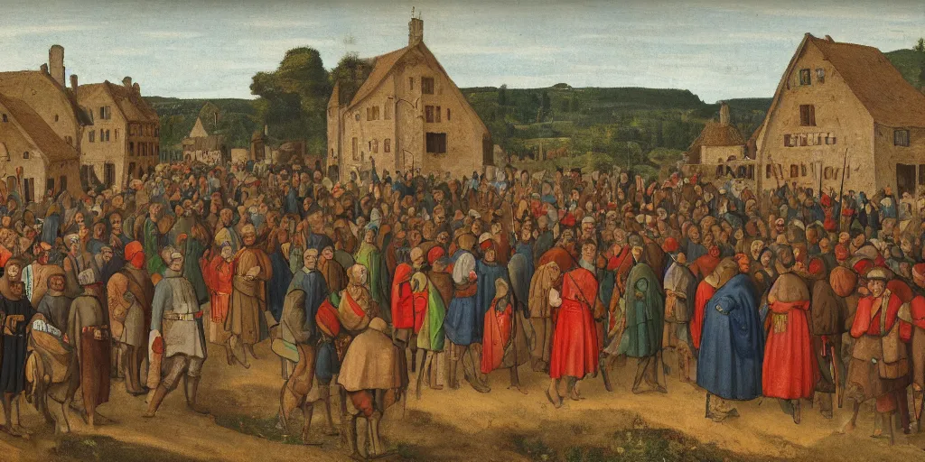 Image similar to color painting of a crowd of medieval villagers cheering and looking at camera, empty road in the middle, eye level view