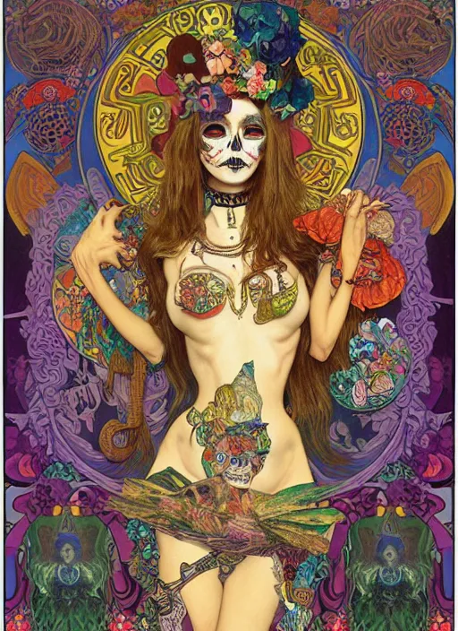 Image similar to psychedelic poster art of a cute punk goth fashion fractal Día de los Muertos tattooed girl holding a sphynx by Victor Moscoso Rick Griffin Alphonse Mucha Gustav Klimt Ayami Kojima Amano Charlie Bowater, masterpiece