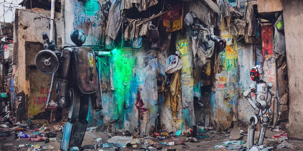 Prompt: mecha ROBOT of AJEGUNLE SLUMS of Lagos inside african JESUS CHRIST about AESTHETICS surrounding large UFO within NEON rays of light, 35mm, f/1.4,