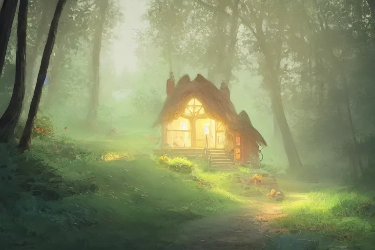 Prompt: a quaint little cottage in a clearing in a huge magical forest by andreas rocha and alena aenami, trending on artstation