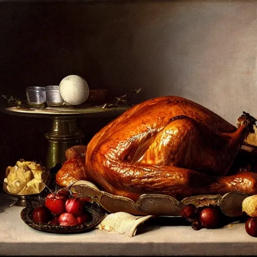 Prompt: roast turkey in still life. dutch masters, 1 8 th century. oil on canvas. juicy, fresh, delicious, mouth - watering