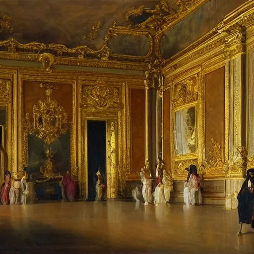 Prompt: fine art, oil on canvas. the interior of the palace of versailles in france. fine art in the walls and
