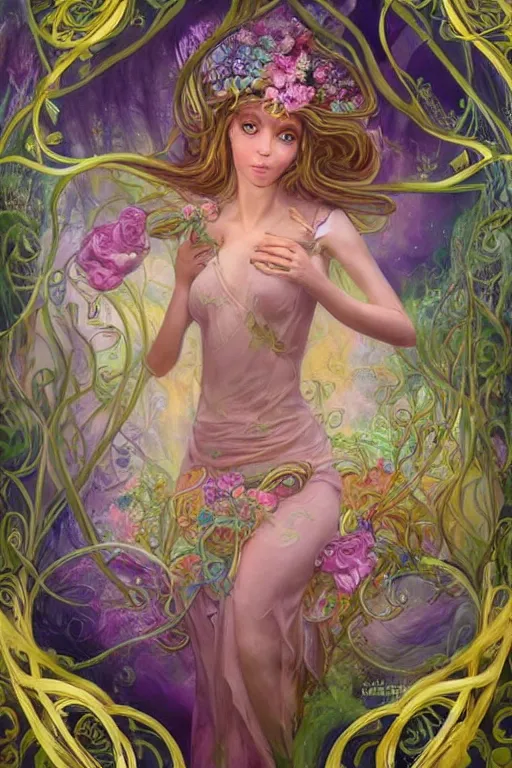 Prompt: breathtaking detailed soft painting of a fairy princess with golden ribbons in an enchanted forest, art nouveau vibrant flowers floating around in a tumultuous sky, detailed symmetrical facial features, hyper detailed, volumetric lighting, concept art, matte, sharp focus, art by celestialfang, matchach, dustin panzino