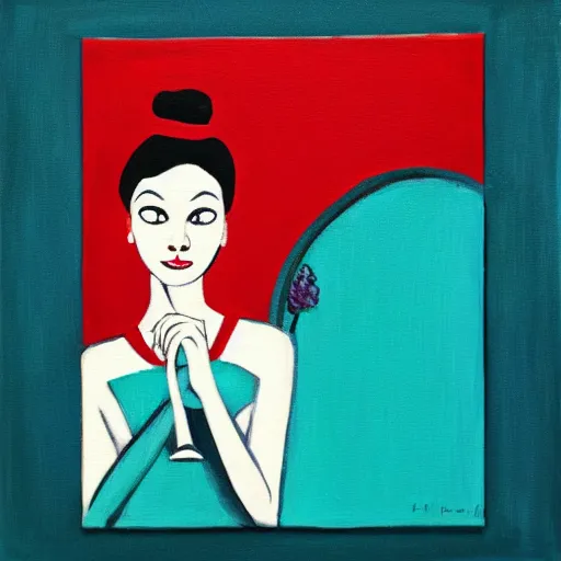 Image similar to square painting of a ballerina drinking wine in a teal room all on a red background