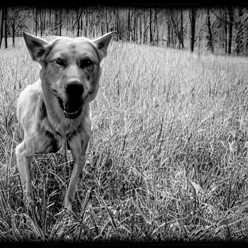 Prompt: yellow dog man creature pointy scary rusty monster trailcam footage, liminal, black and white, foggy, creepypasta, scary, nightmare