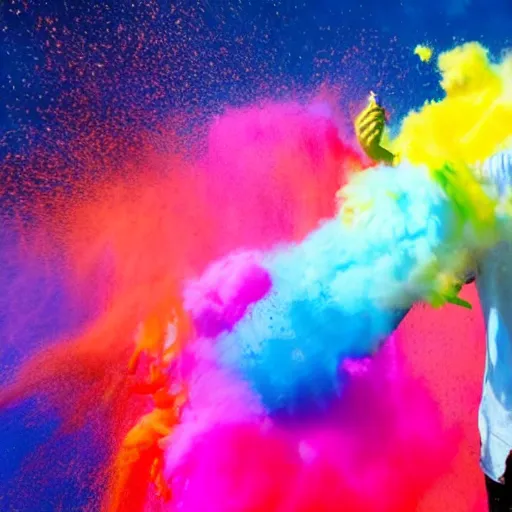 Image similar to a man dissolving in colorful powder explosion.