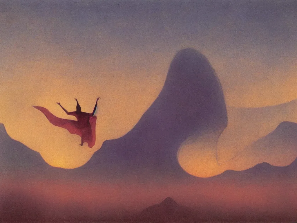 Image similar to painting by mikalojus konstantinas ciurlionis, bosch, agnes pelton. devil jumping from roof to roof. sunset, fog, landscape with mountains