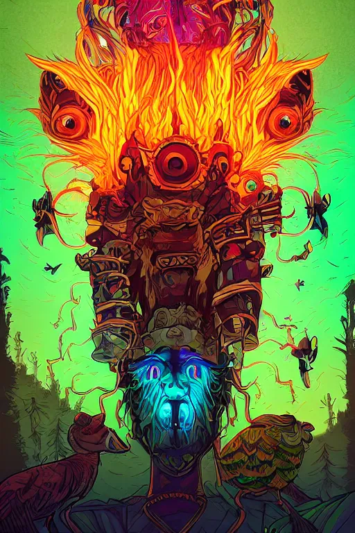 Image similar to totem animal tribal chaman vodoo mask feather gemstone plant wood rock video game illustration vivid color borderlands by josan gonzales and dan mumford radiating a glowing aura