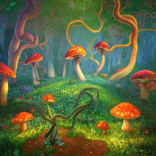 Image similar to “large intertwined mushrooms in a magical forest by tyler edlin, synthwave colors, gustav klimt”