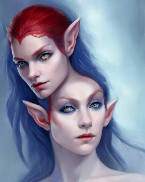 Prompt: A detailed matte oil on canvas head on symmetrical portrait of a beautiful elven woman with a blue eye and a red eye, and red and blue hair by Charlie bowater and lise deharme, trending on artstationhd, dungeons and dragons art critical role