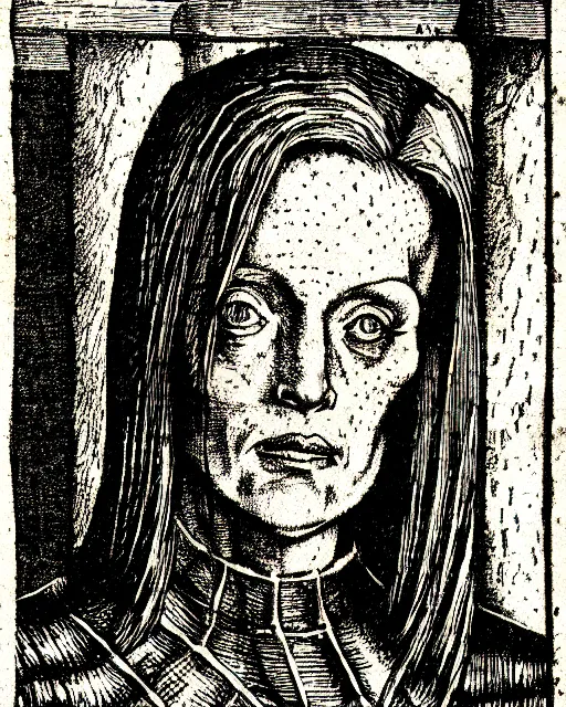 Image similar to etching of dana scully from the nuremberg chronicle, 1 4 9 3, sharp scan, restored