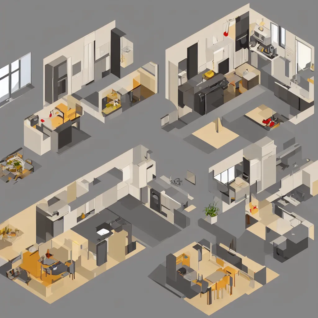 Image similar to isometric view of a kitchen and living room inside a house