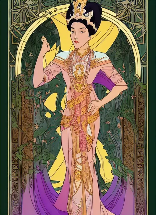 Prompt: well - lit art nouveau portrait of queen sirikrit of thailand, natural lighting, path traced, highly detailed, high quality, cartoon, digital painting, by don bluth and ross tran and studio ghibli and alphonse mucha