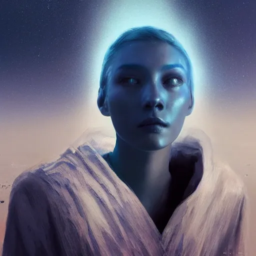 Prompt: 3 d, sci - fi, close - up, night, smiling fashion model face, moon rays, cinematic, clouds, vogue cover style, a man walks to the horizon, blue mood, intricate oil painting, high detail illustration, figurative art, multiple exposure, poster art, 3 d, by tooth wu and wlop and beeple and greg rutkowski