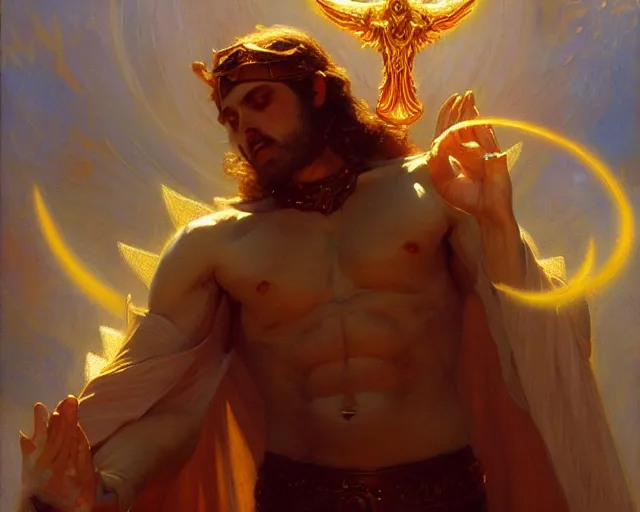 Image similar to attractive male deity, casting demonic magic, summoning handsome lucifer morning star. highly detailed painting by gaston bussiere, craig mullins, j. c. leyendecker 8 k