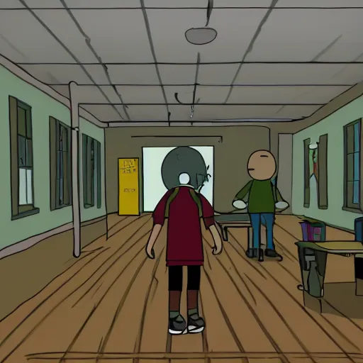 Image similar to school in silent hill, indoors, rick and morty