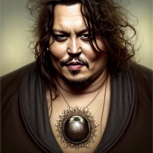 Prompt: wideangle!! portrait shot of fat johnny depp, intricate, elegant, highly detailed, centered, digital painting, artstation, concept art, smooth, sharp focus, illustration, artgerm, tomasz alen kopera, peter mohrbacher, donato giancola, joseph christian leyendecker, wlop, boris vallejo