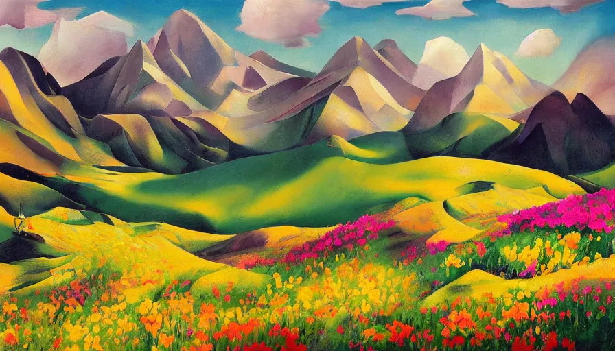 Prompt: mountain landscape in spring, flowers, teal landscape, dreamy light, sunny complementary palette, by and jacek yerga and tamara de lempicka and jesse king, pop surrealist, wiccan