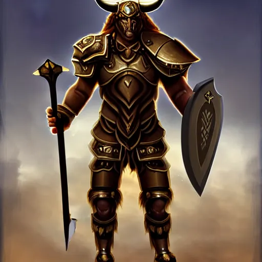 Prompt: Minotaur warrior with axe, human body, bull head, concept art, paladin golden armor, high details, symmetrical, full body, digital painting, dark fantasy, guildwar artwork