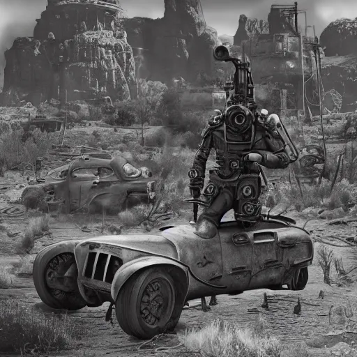 Image similar to Minion, George Miller, Fallout 4, Fallout 3, Photorealistic, Hyper detailed, desert, post apocalyptic, fire, dust, black and white