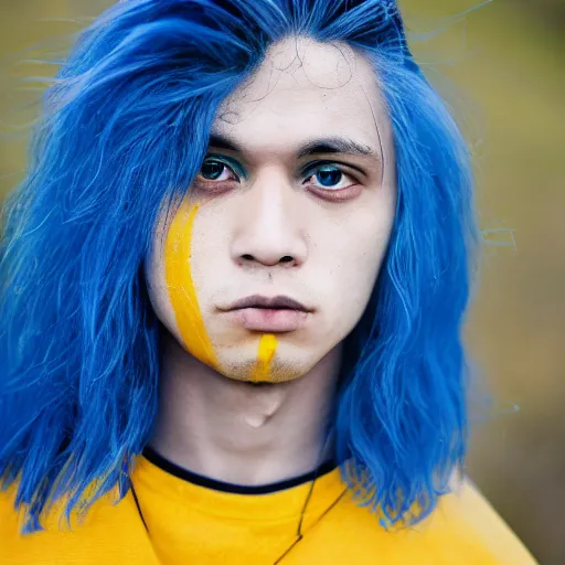 Image similar to rimuru tempest, young man blue hair yellow eyes, canon eos r 3, f / 1. 4, iso 2 0 0, 1 / 1 6 0 s, 8 k, raw, unedited, symmetrical balance, in - frame