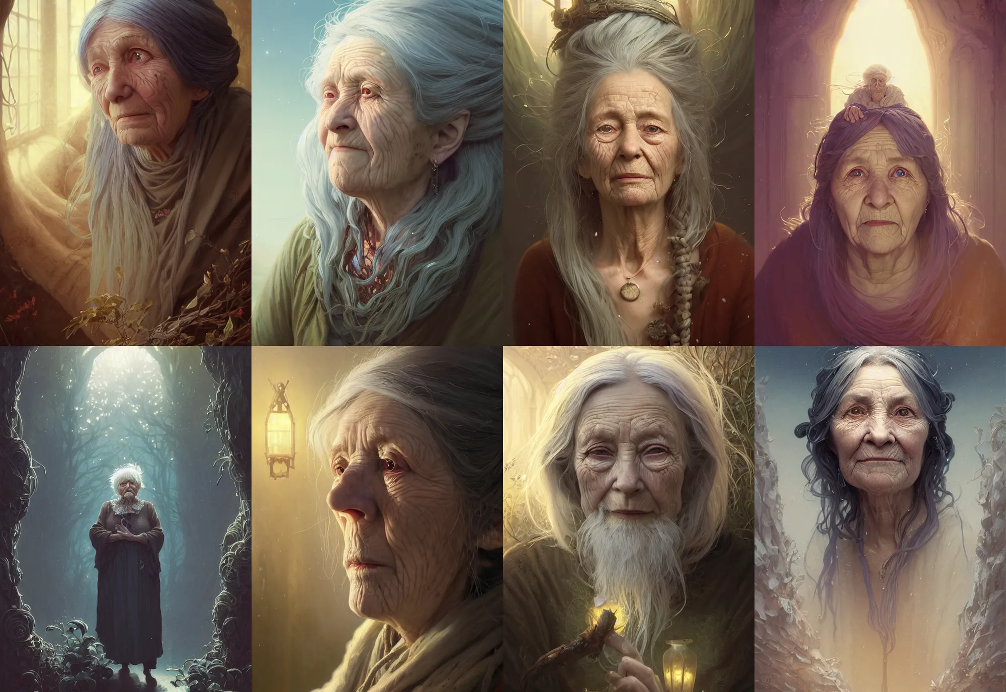 Image similar to highly detailed portrait of a very old woman with long hairs, stephen bliss, unreal engine, fantasy art by greg rutkowski, loish, rhads, ferdinand knab, makoto shinkai and lois van baarle, ilya kuvshinov, rossdraws, tom bagshaw, alphonse mucha, global illumination, radiant light, detailed and intricate environment