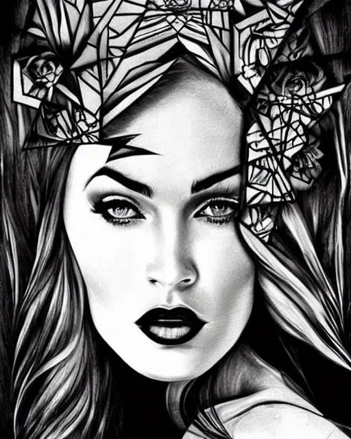 Image similar to megan fox face mash up with beautiful mountain scenery, in the style of dan mountford, tattoo sketch, double exposure, hyper realistic, amazing detail, black and white