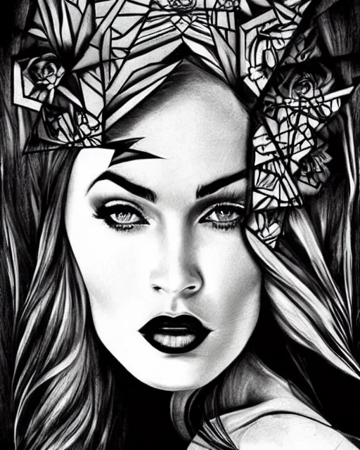 Prompt: megan fox face mash up with beautiful mountain scenery, in the style of dan mountford, tattoo sketch, double exposure, hyper realistic, amazing detail, black and white