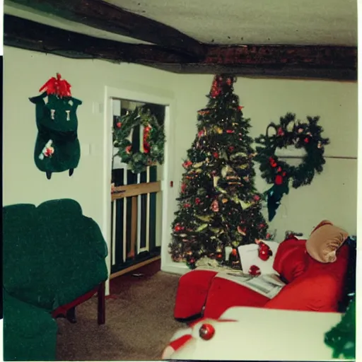 Prompt: polaroid photograph of christmas themed basement