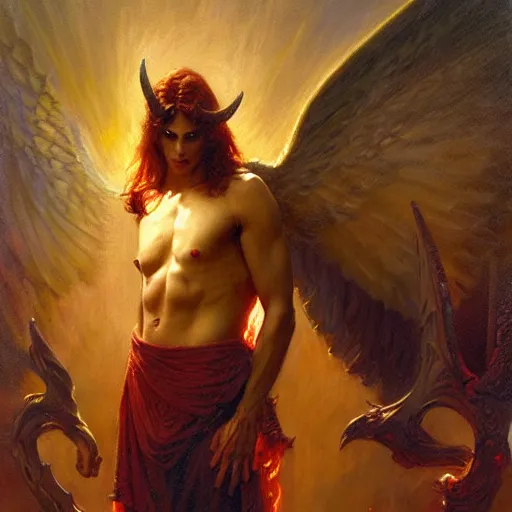 Image similar to attractive male lucifer morning star casting a spell summoning male demons. highly detailed painting by gaston bussiere, craig mullins, j. c. leyendecker, 8 k