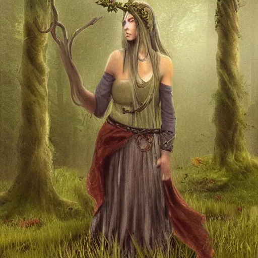 Prompt: revelations of the mysterious Celtic druid lady in the misty horizon