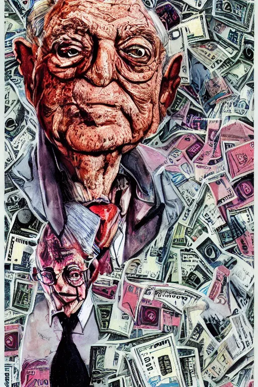 Image similar to George Soros full body shot, dollar bills Body horror, biopunk, by Ralph Steadman, Francis Bacon, Hunter S Thompson