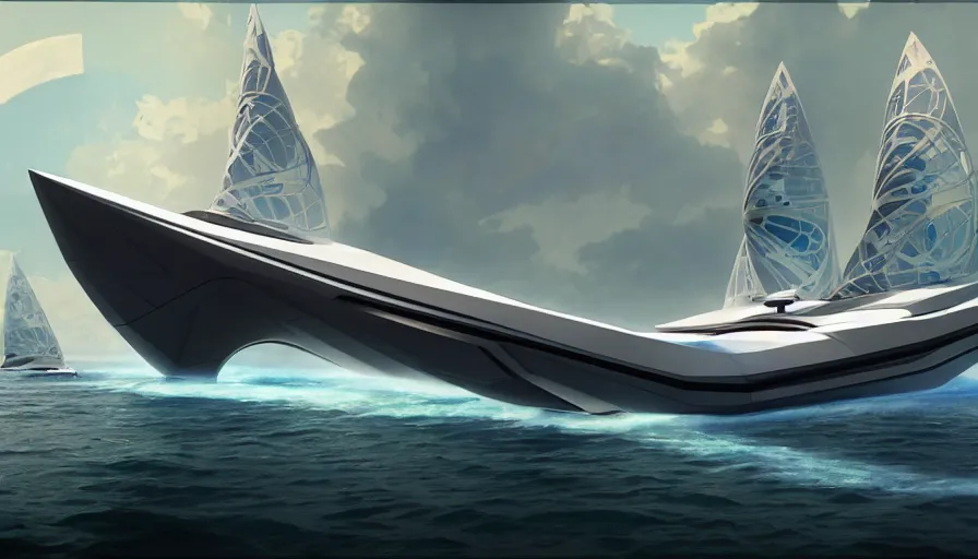 Prompt: a futuristic sport yacht by artgerm and greg rutkowski and alphonse mucha, volumetric light, detailed, octane render, midsommar