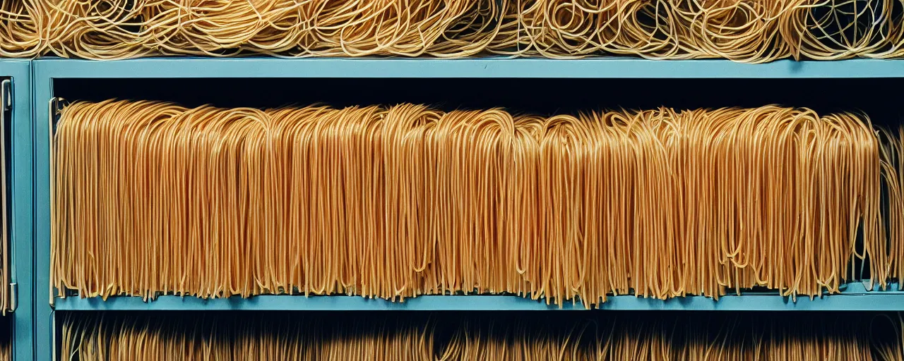 Prompt: spaghetti neatly organized in a file cabinet at an office, 1 9 7 0 s, canon 5 0 mm, kodachrome, in the style of wes anderson, retro