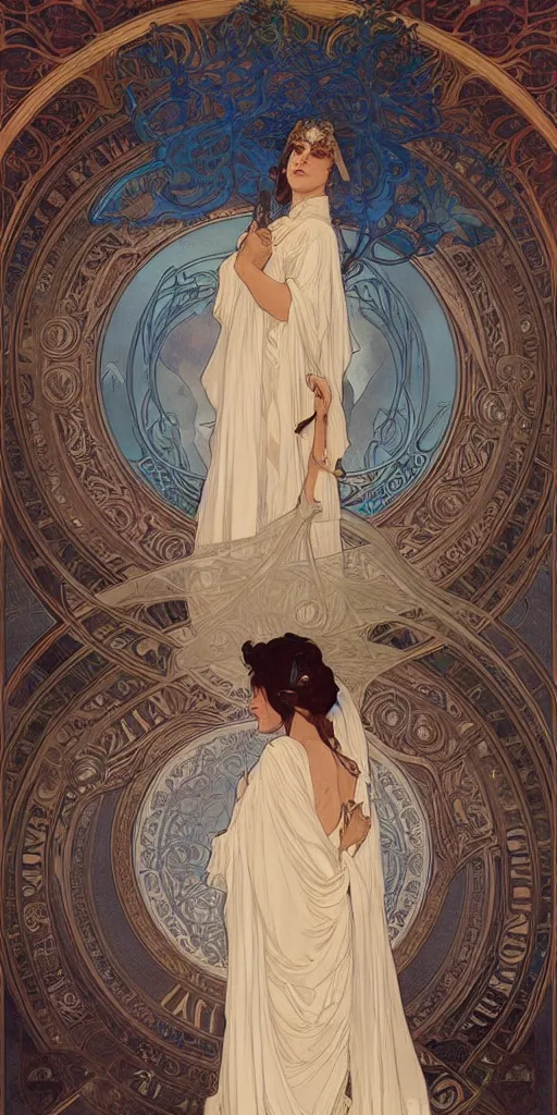 Image similar to Beautiful female wizard with blue rose robes wearing an intricate arcane makeup searching for her soul, digital art, art by Alphonse Mucha, Greg Rutkowski, Alex Ross, WLOP